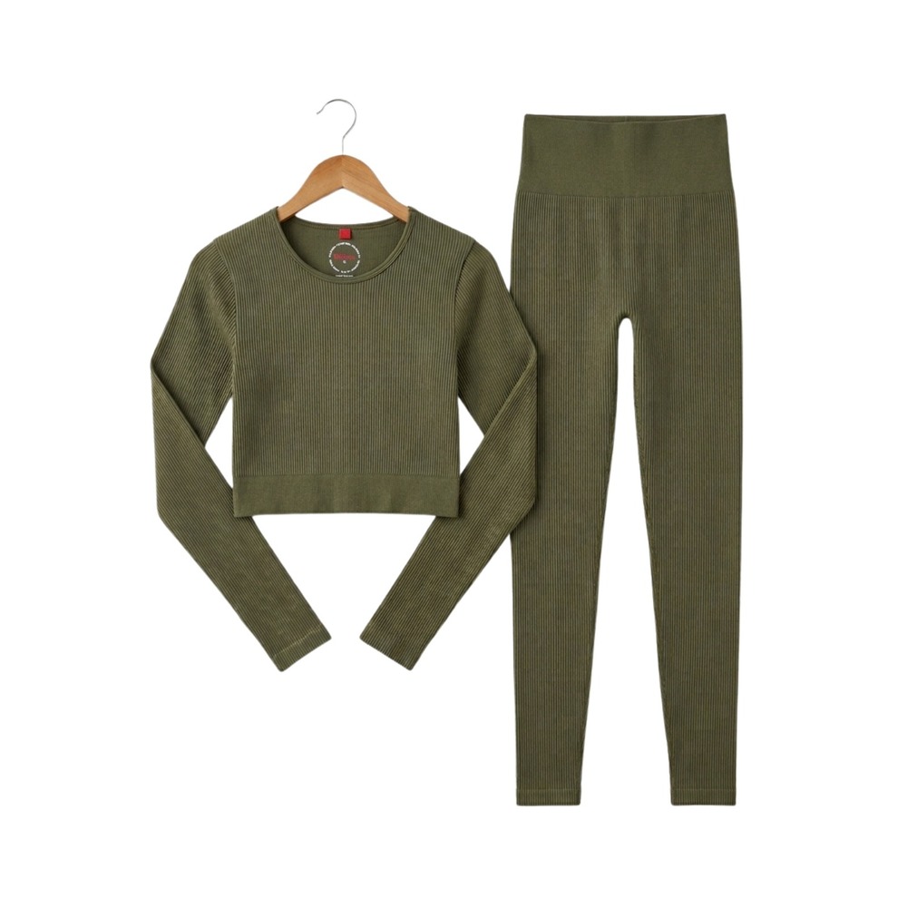 Wilson Sporting Goods Ribbed Crop Top and Leggings Set‎ Olive Green Women Small